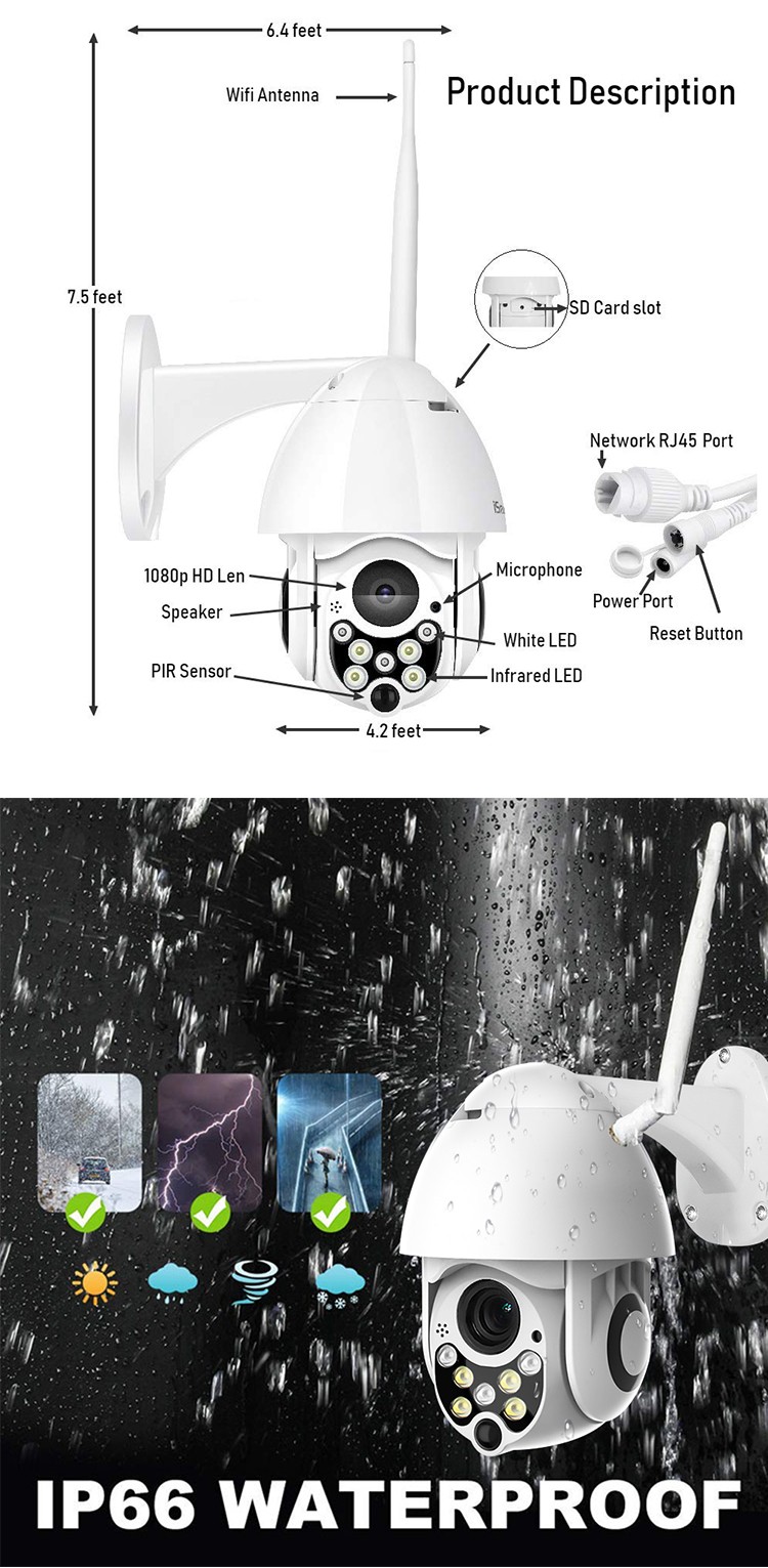 1080P HD Megapixel IP65 Wireless WiFi PTZ Security Camera