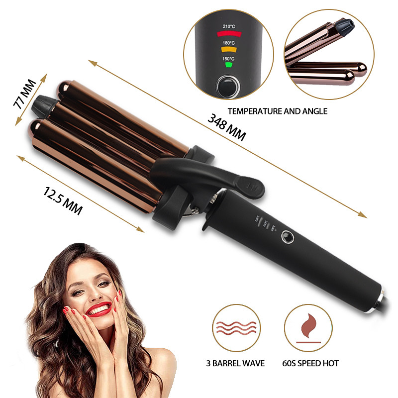 Dual Voltage Crimp Triple Barrel Curling Iron LED Display Titanium Tourmaline