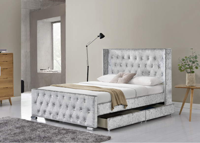 Tufted Storage Velevt Bed With LED Light And Diamand Buttons