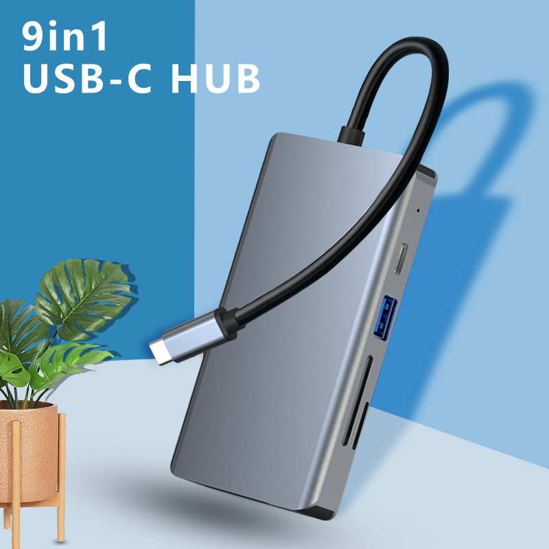 C hub USB Multiport Adapter 9in 1 With 4K HDMI SD Card HDMI1.4 VGA 3.5mini Jack