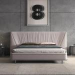 Grey Genuine Leather King Size Bed SS Leg Solid Wood Frame Bed