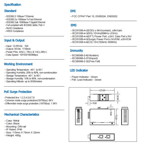 DIN Rail 10G PoE Injector IEEE802.3bt 95 Watts