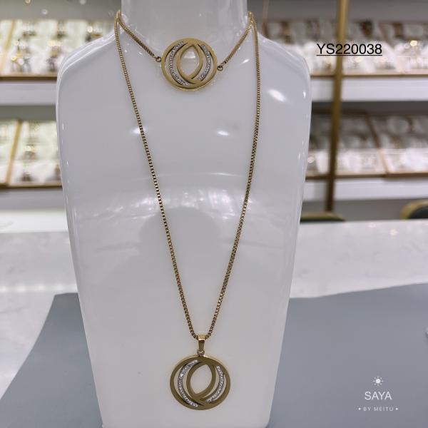 18k Gold Rhinestone Stainless Steel Jewelry Set Circle Overlap Necklace And