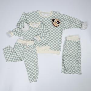 Wholesale 230gsm Family Matching Clothes Set French Terry Crew Neck Long Sleeve Checkered Sweatsuit from china suppliers