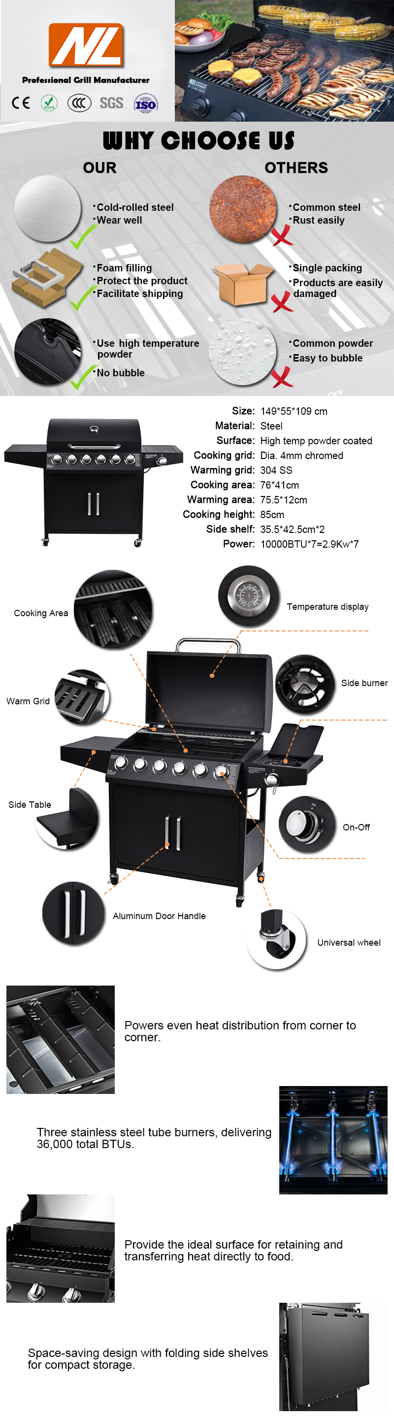 149*55*109 cm Gas Grill And Oven Bbq Stainless Hybrid Grill For Outdoor Barbecue