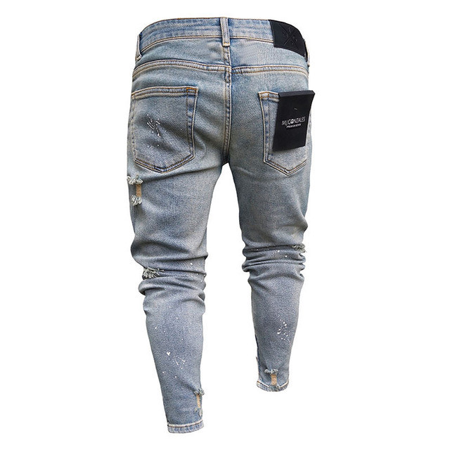 High Waist Nostalgic Men'S Stretch Ripped Jeans Drawstring Closure
