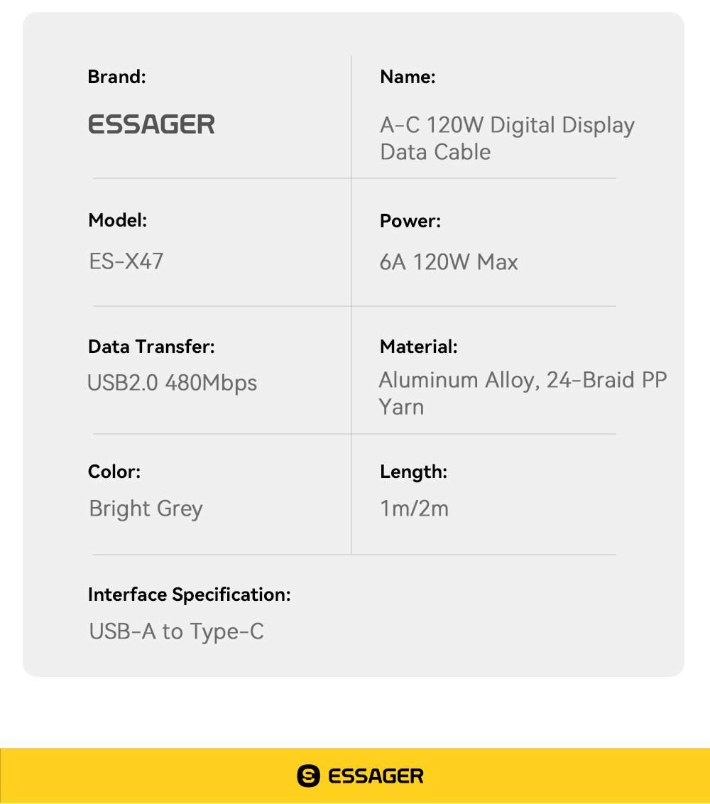 ESSAGER ES-X47 Series 120W Type C Charging Cable USB to USB C