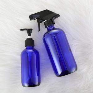 Wholesale Cobalt Blue Glass Trigger Spray Bottle 250ml 500ml 1000ml Glass Boston Lotion Bottle with Pump and Logo/Graphic Design from china suppliers