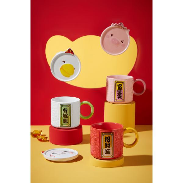 Boutique Mugs Customizable Lucky Embossed Mug Chinese Style Large Capacity Ceramic Coffee Juice Tea Mug With Lid