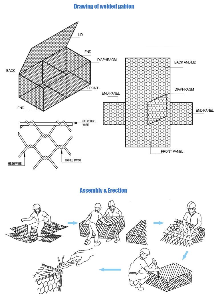 Woven Stone Filled Galvanized Gabion Boxes Basket 8x10cm Hexagonal Hole