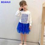 BEIANJI 2PCS Blue Printed Kids Hoodless Sweater Long Sleeve Girls Tops