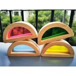 Kids Montessori Wooden Toy Sensory Rainbow Mirror Blocks Solid Rubber Wood