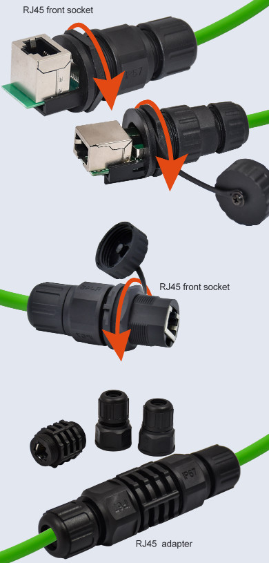 Screw Lock 8P8C Rj45 Watertight Ethernet Connector Outdoor Straight Black Mould Cable