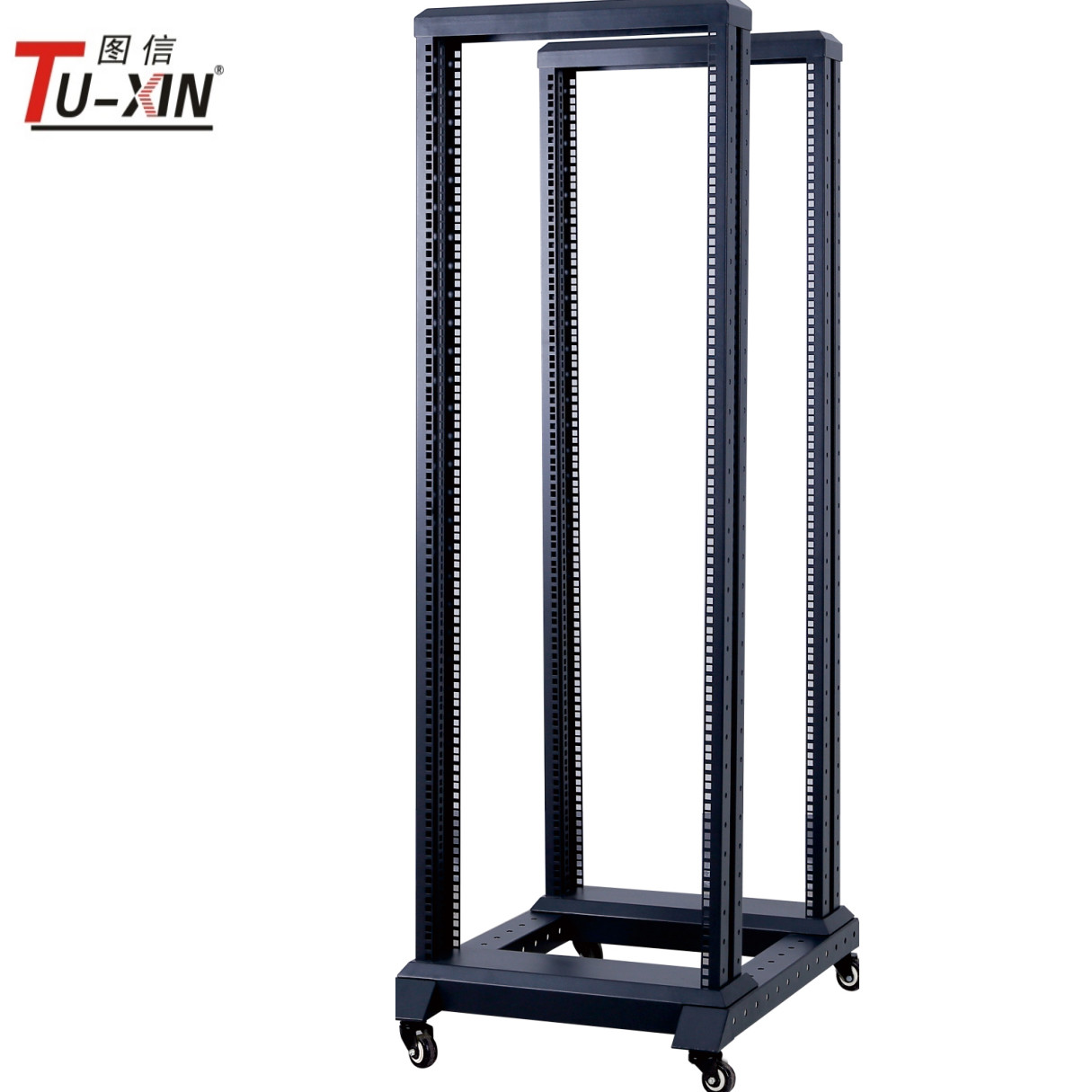 19 Inch 4 Post Open Frame Server Rack Four Poles With Castors Black Color