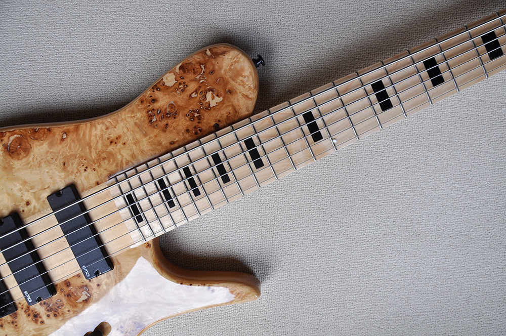 Custom 6 Strings Neck Thru Body Electric Bass Guitar with 24 Frets Active Pickup Maple Fretboard Natural Wood Color