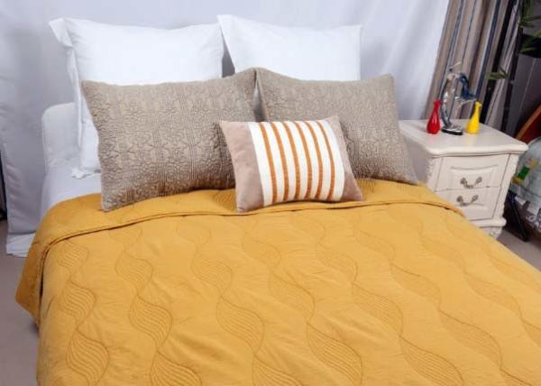 Cotton Plain Dyed Yellow Quilted Bedspread , Embroidered Hotel Collection