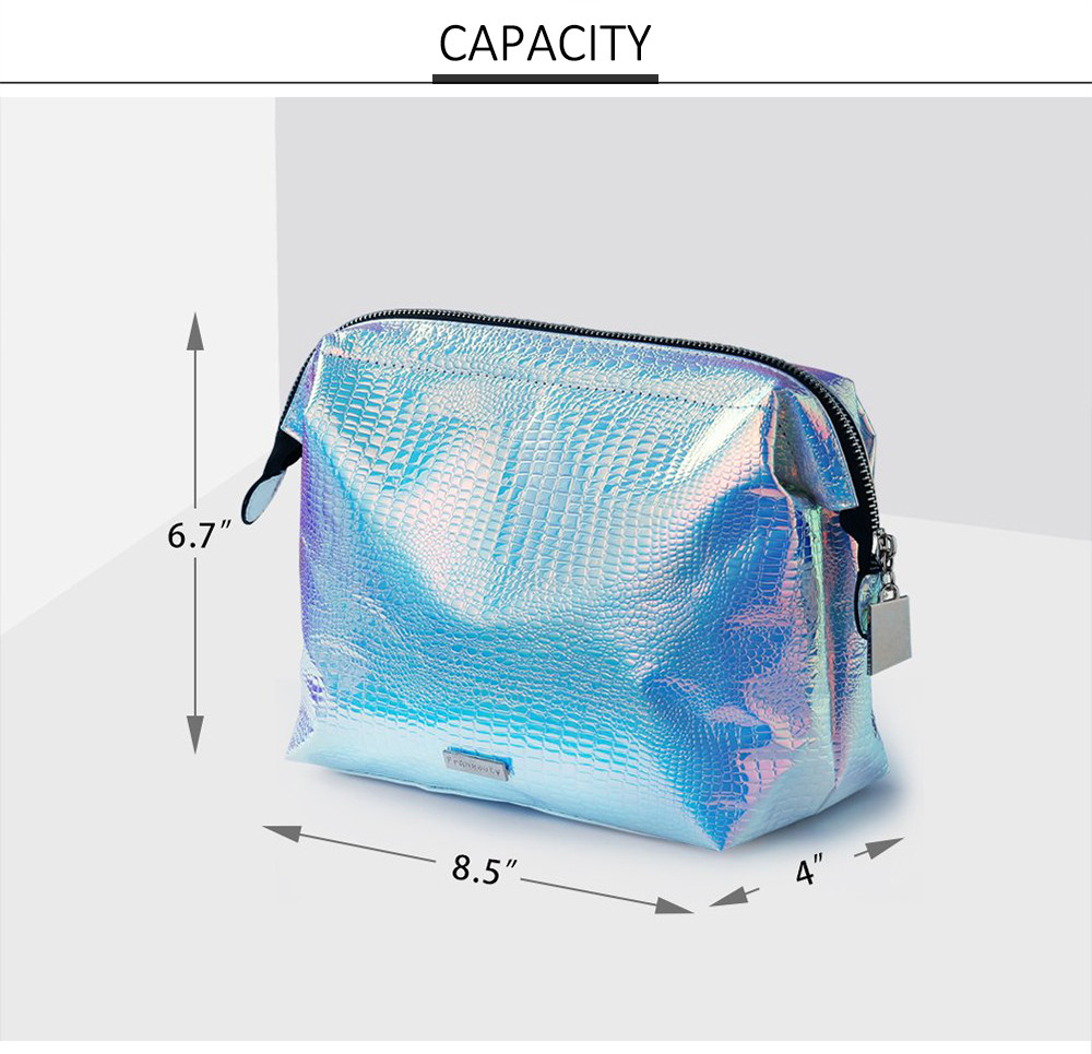 Portable Zippered PU Leather Holographic Cosmetic Bag