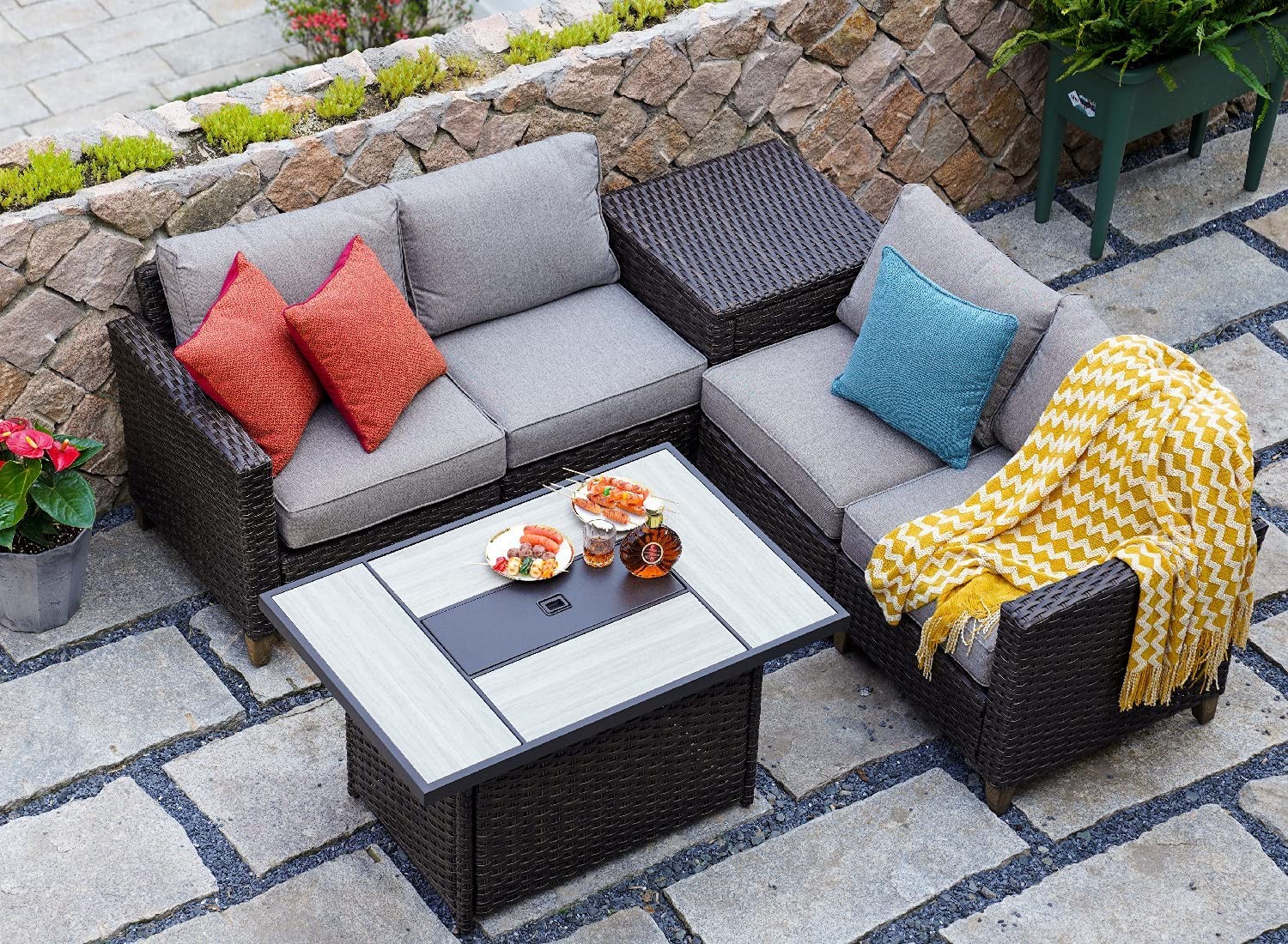 43 Inch 50,000 BTU Rectangular Patio Propane Gas Fire Pit With Resin Wicker Base