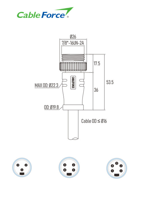 Mini Change Male 4 Pin Connector Molded With 2M PVC 16AWG UnShielded Cable