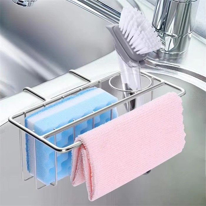 OEM/ODM Design 2-in-1 Wall-Mounted Adhesive Kitchen Sink Organizer Stainless Steel Sponge 0Holder Dishwashing Brush Soap