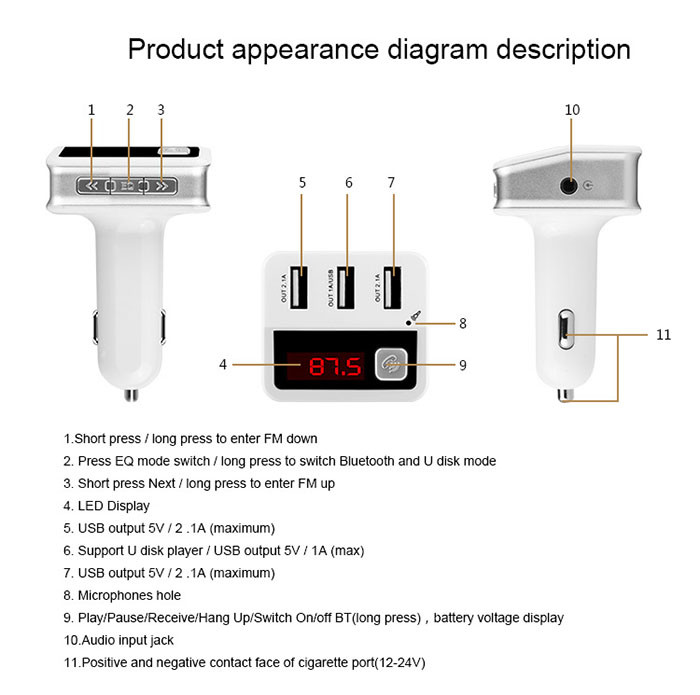 3 Usb Port Bluetooth Car Charger Automatic Power - Off Memory With FM Radio