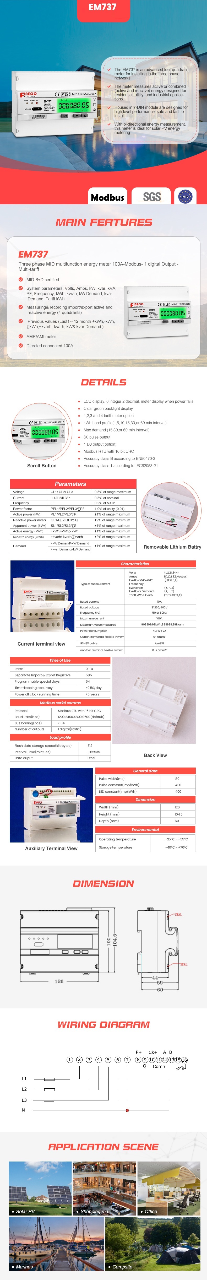 EM737 3*230/400V 10 100 A MID Approved Bi-Directional Modbus Energy Smart Meter