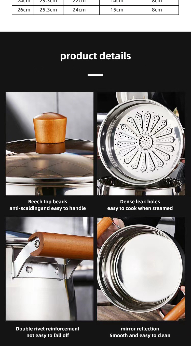 Factory Two Layer Cook Food Steamer Pot 18/8 Stainless Steel Steamer Pot With Wooden Handle