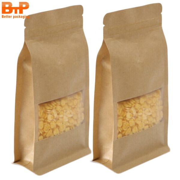 Custom Flat Bottom Stand up Zipper Brown Kraft Paper Resealable Nuts Food Doypack Packaging Pouches Bag With Clear Window