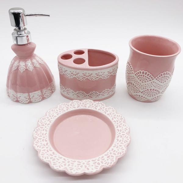 Pink Lace Dress Ceramic Bathroom Set / Soap Lotion Dispenser Set Dish Brush