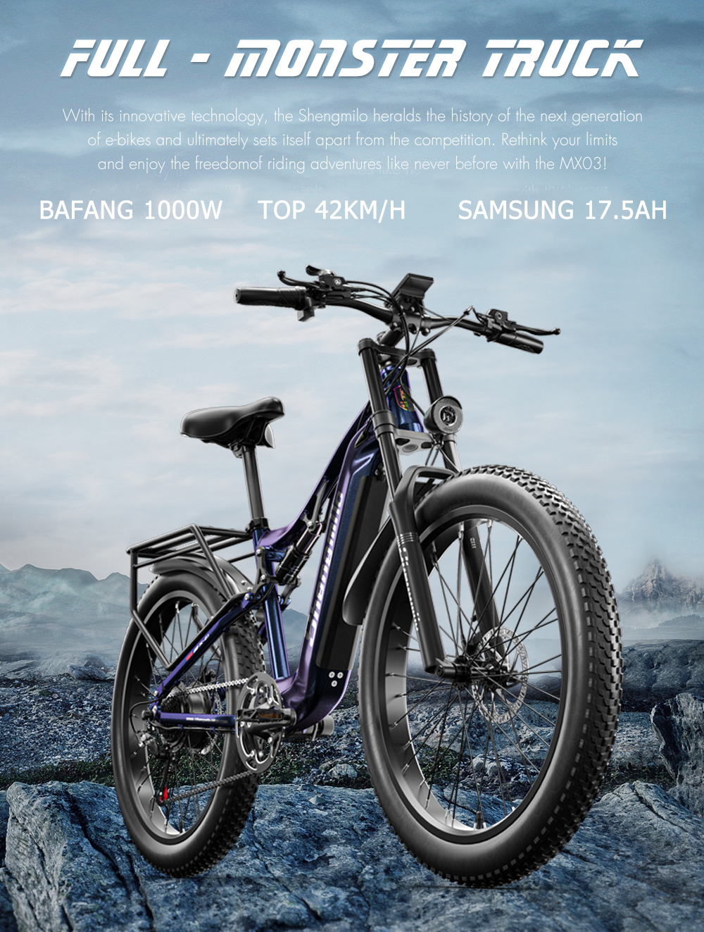 48V 1000W Power MTB Electric Mountain Bike With 17.5ah Lithium Battery Disc Brake