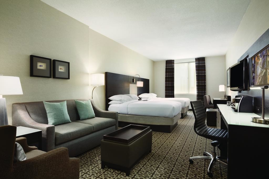 Hotel Executive Suite Bedroom Furniture Double Bed with TV storage Cabinets by Dark oak wood and Reception Living Sofa