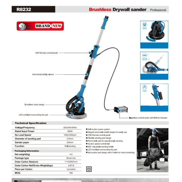 Professional Electric Giraffe Automatic Drywall Sander Machine with Variable Speed 900W Dust Absorption for Putty Wall Sanding