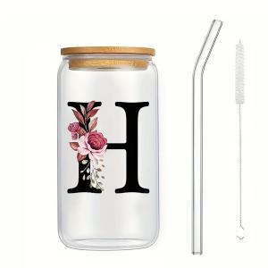 Wholesale Exquisite Customized Logo 16oz Sublimation Glass Water Bottle Clear Floral Letters Coke Can Glass Cups With Bamboo Lid And Straw 8*15cm from china suppliers