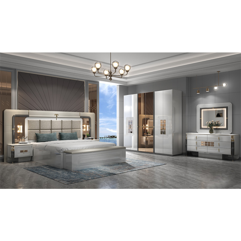 High Quality Modern Double Wooden Frame King Size Bed Wood Lighted Headboard Master Room Luxury Full Bedroom Furniture Set