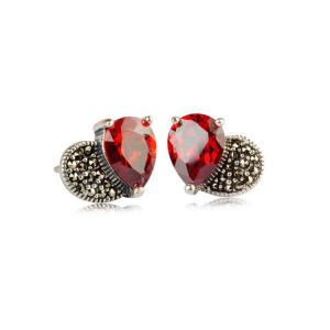 Wholesale 925 Silver Red Cubic Zirconia and Marcasite Heart Stud Earrings (E11067) from china suppliers