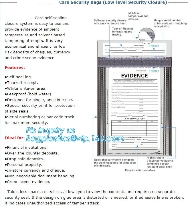 security deposit bags bank deposit bags cash deposit bags, general bank plastic deposit bags supply, Coin and Bank Note