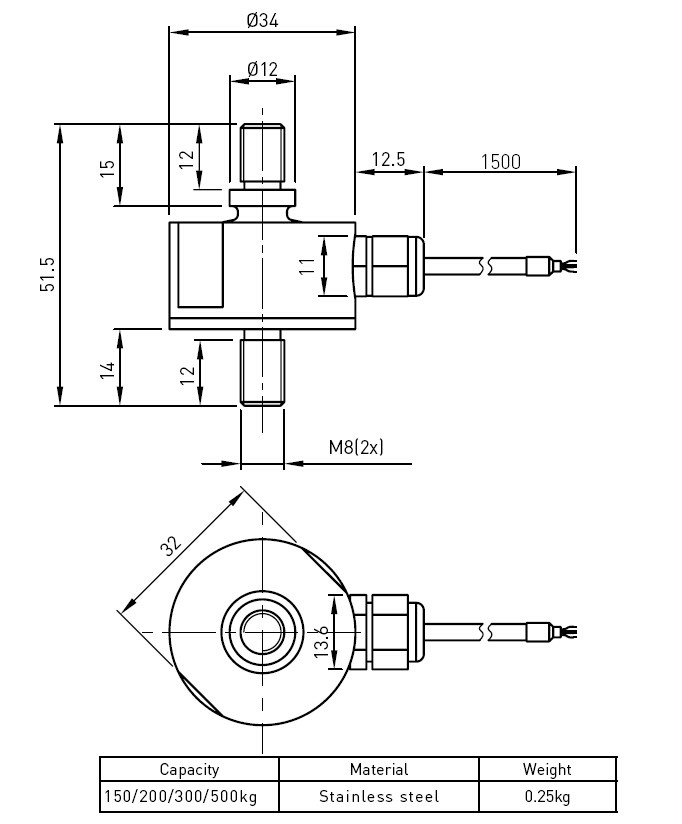 Tension Compression Strain Gauge Load Cell Sensor 500kg , Waterproof IP67
