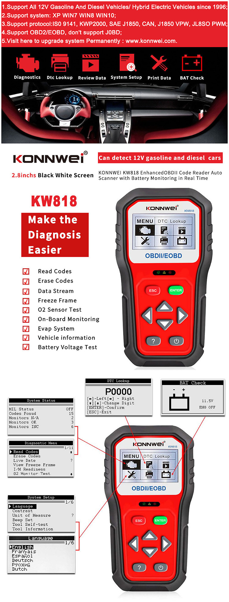 12V Computerized Eobd Obd2 Obdii Car Scanner Diagnostic KONNWEI KW818