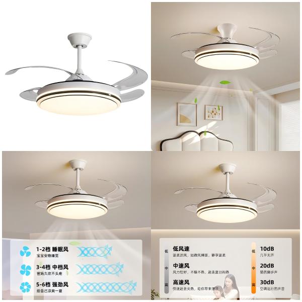wholesale Invisible Retractable Ceiling Fan Chandelier 52 Inch Round Dimmable LED Ceiling Fan