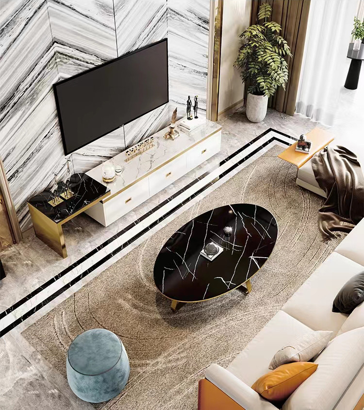 Italian Stainless Steel Marble Hotel Living Room Oval Coffee Table