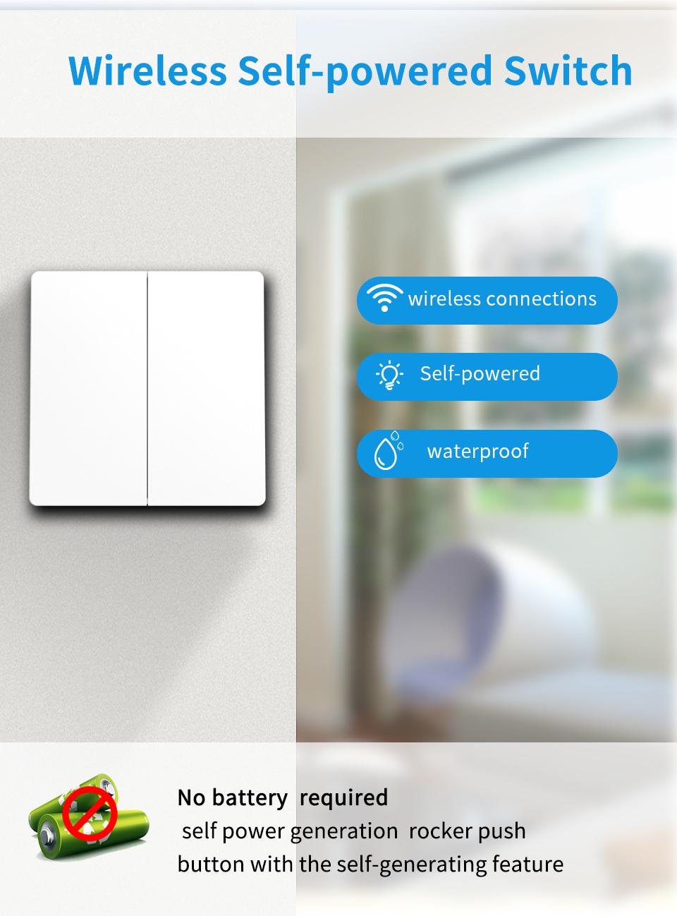 16A Wireless Wall Switch 86 Type Waterproof Self Powered Remote Light Switch