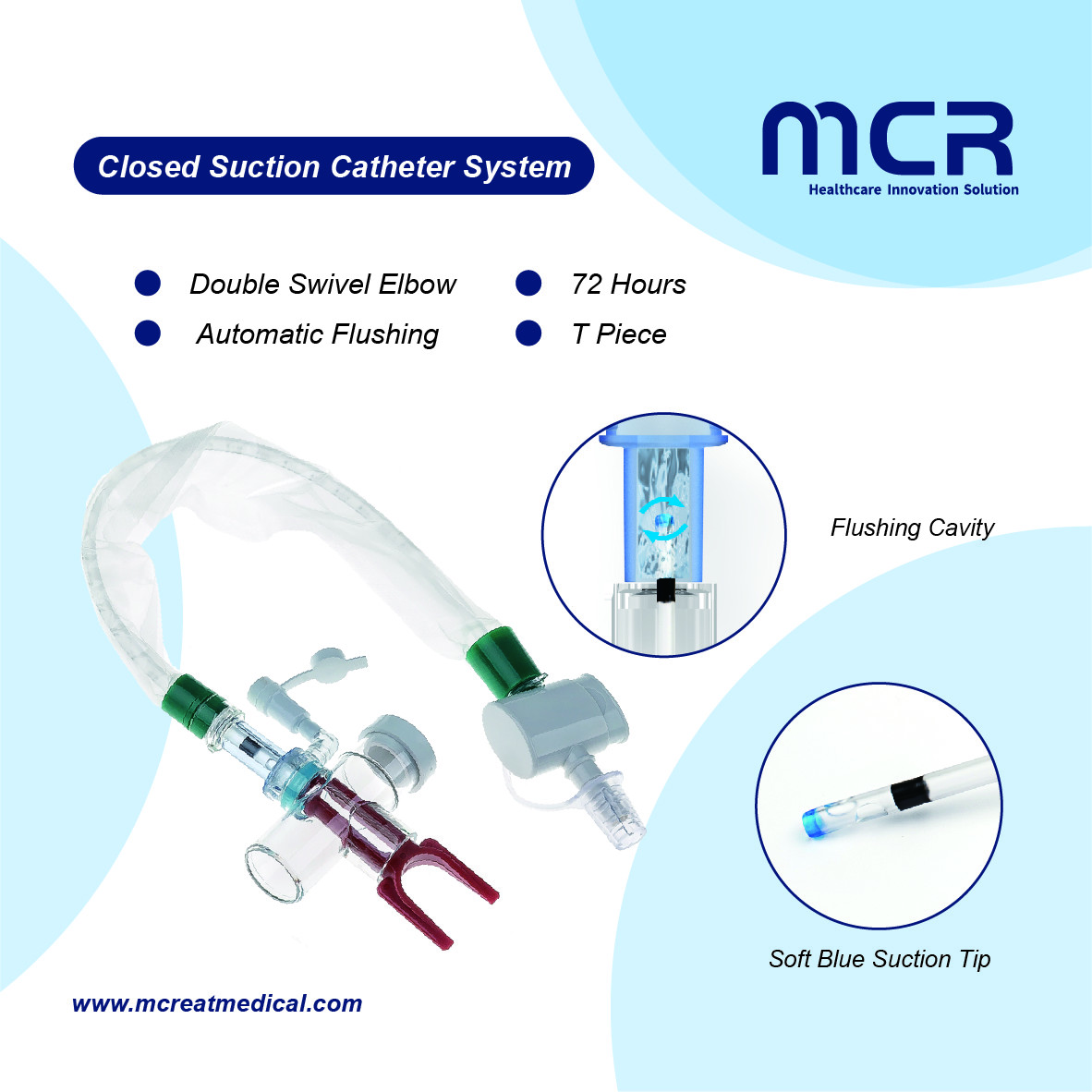 Closed Suction Catheter System (T-Piece) Auto Flushing 72H with Soft Blue Tip