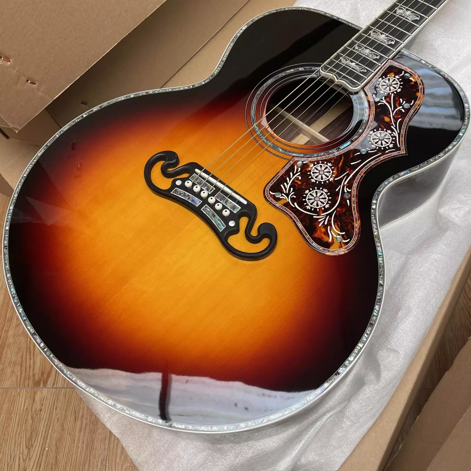 Custom Gibson Style Crown Monarch Type Sunburst Color SJ200 ALL Solid Wood Jumbo Acoustic Guitar