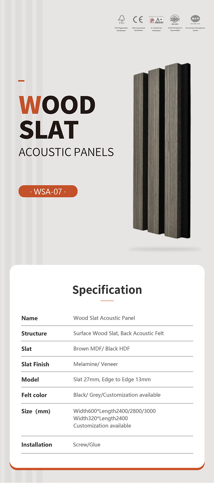 Elegant Decorative Veneer Wood Slat Acoustic Panels Felt Backing 0.85NRC E0 Grade
