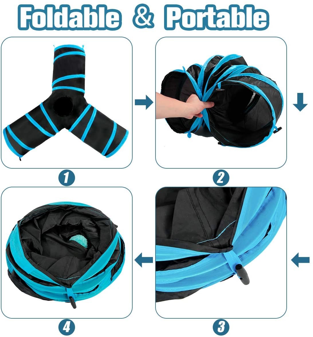 Portable Collapsible 3 Way Cat Tunnel With Pom Ball