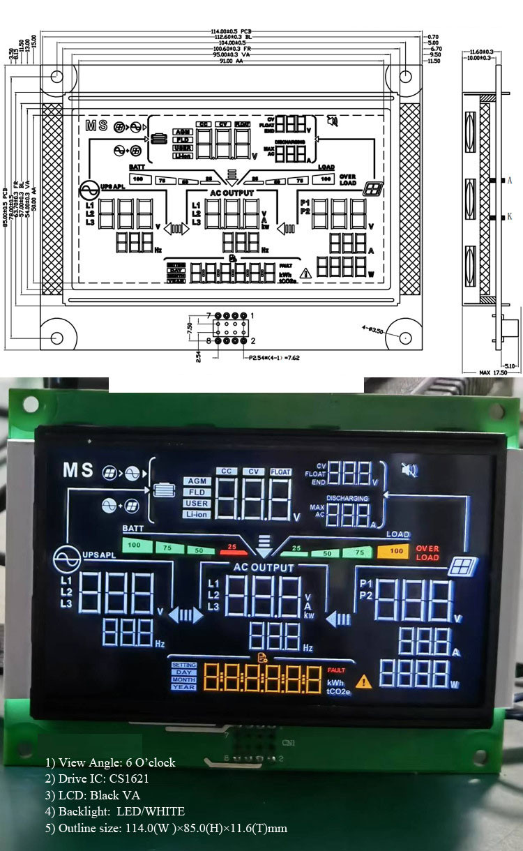 Customized VA COB Segment LCD Display Module 1/4 Duty 1/3 Bias 6:00 CLOCK IC CS1621