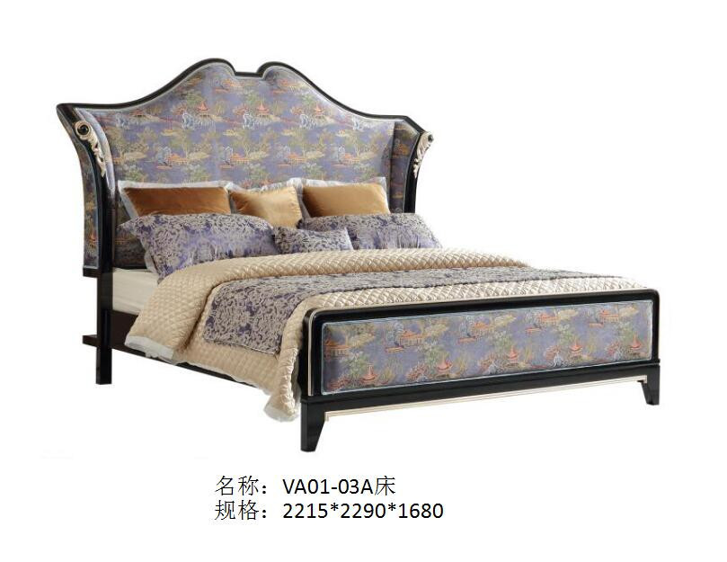 Luxury furniture sets French Neoclassical Black Bright Solid Wood Furniture Leather Soft Packed Double Bed