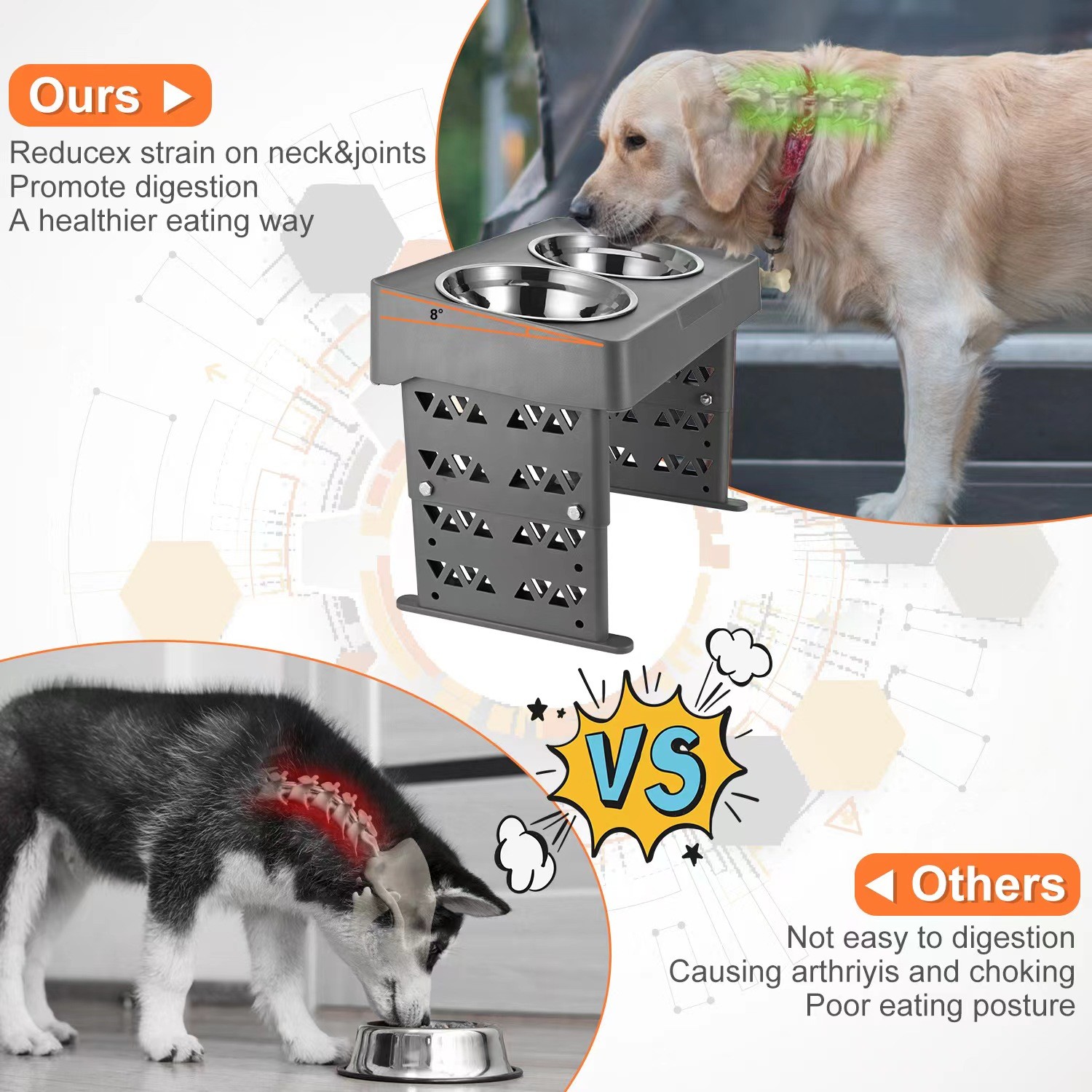 Collapsible Double Elevated Dog Water Bowl Adjustable Stainless Steel