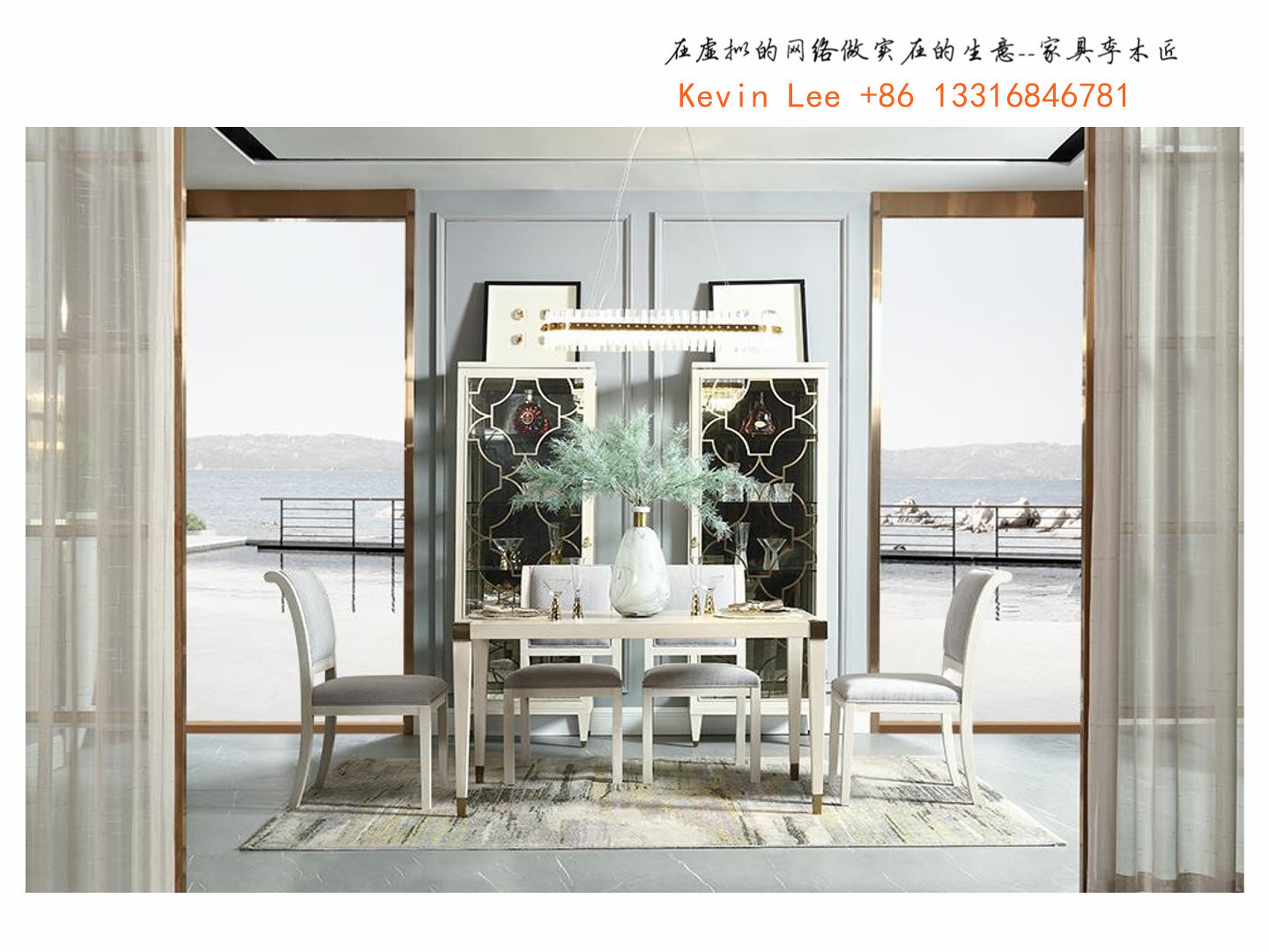 American style Dining table and Chairs in Circle used Stainless steel legs with White wood table for Dining or Hotel use