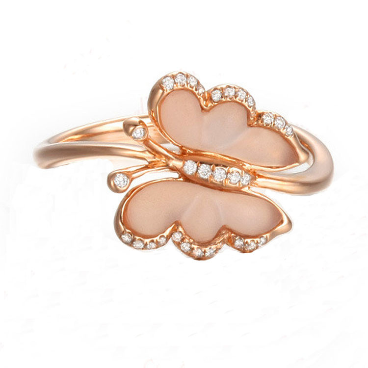 18K Rose Gold Rose Quartz Butterfly Shpe Diamonds Ring for Women Gift (GDR005)